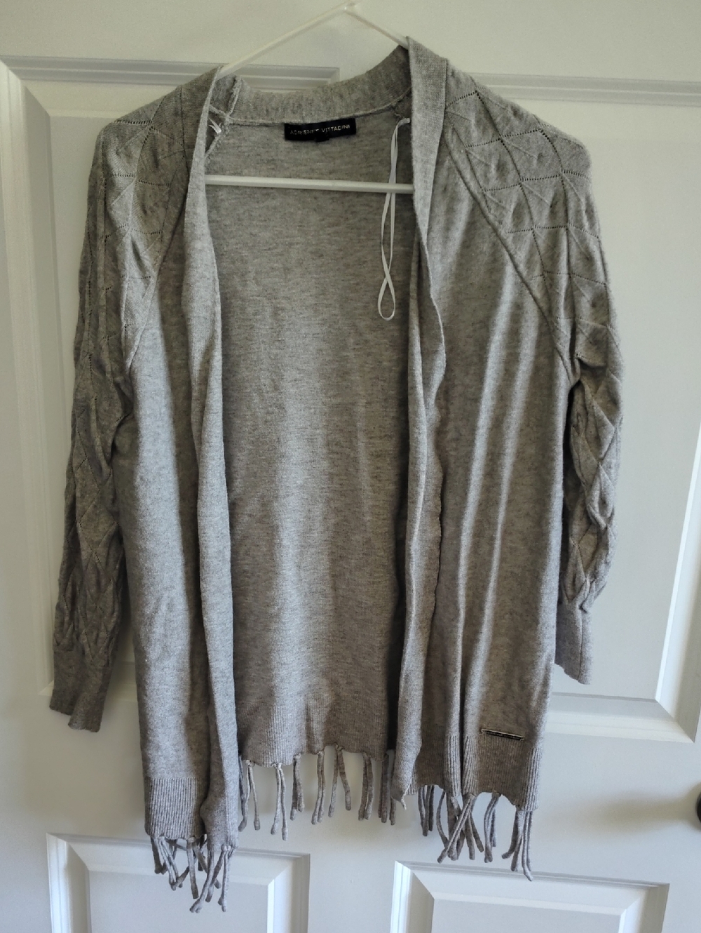 Adrienne Vittadini Light Gray Open-Front Fringe Cardigan